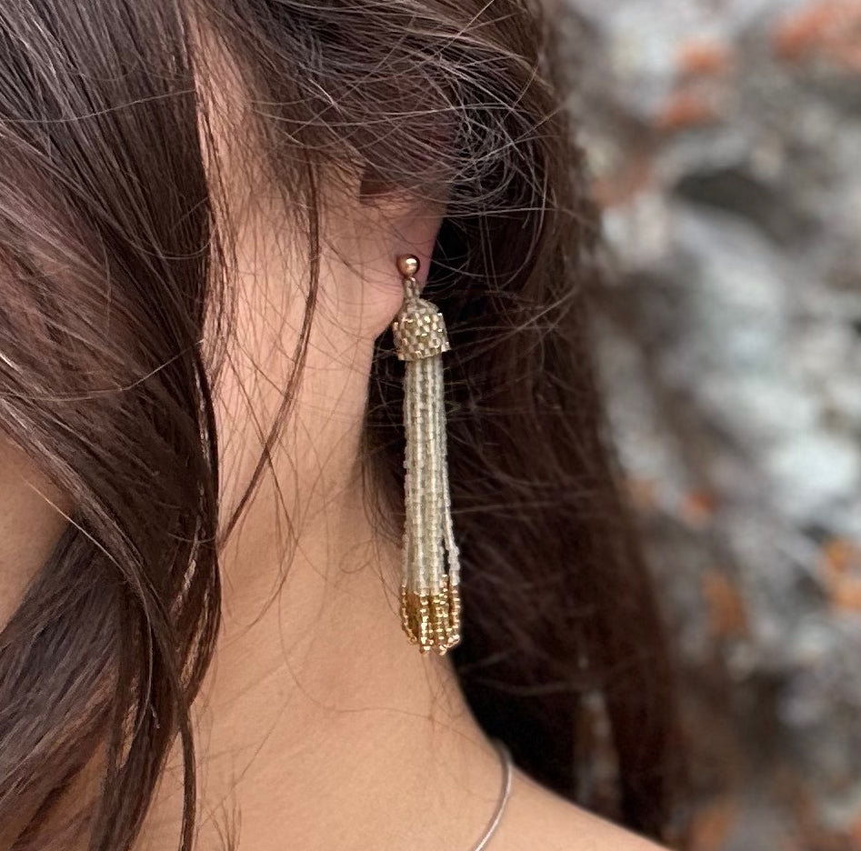 Super Long Tassel Earrings, Oyster with 24K