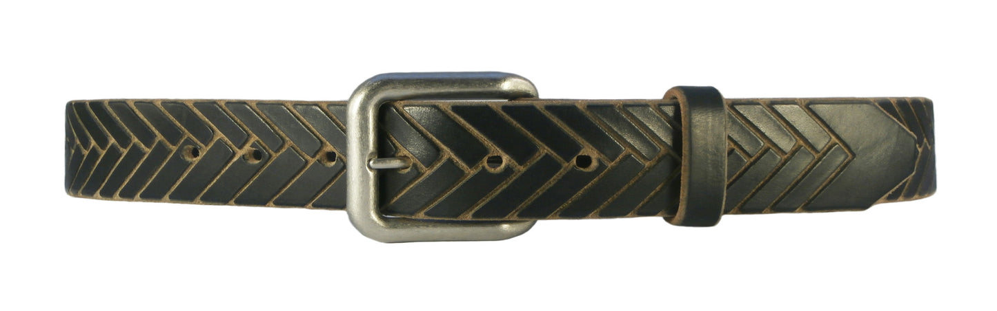 Black & Tan Hand-Carved "Herringbone" Leather Belt