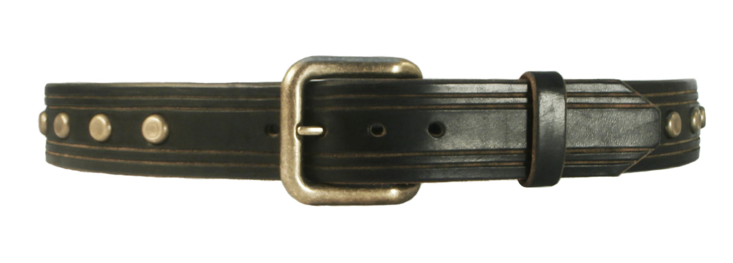 Hand-Carved Studs & Stripes Leather Belt