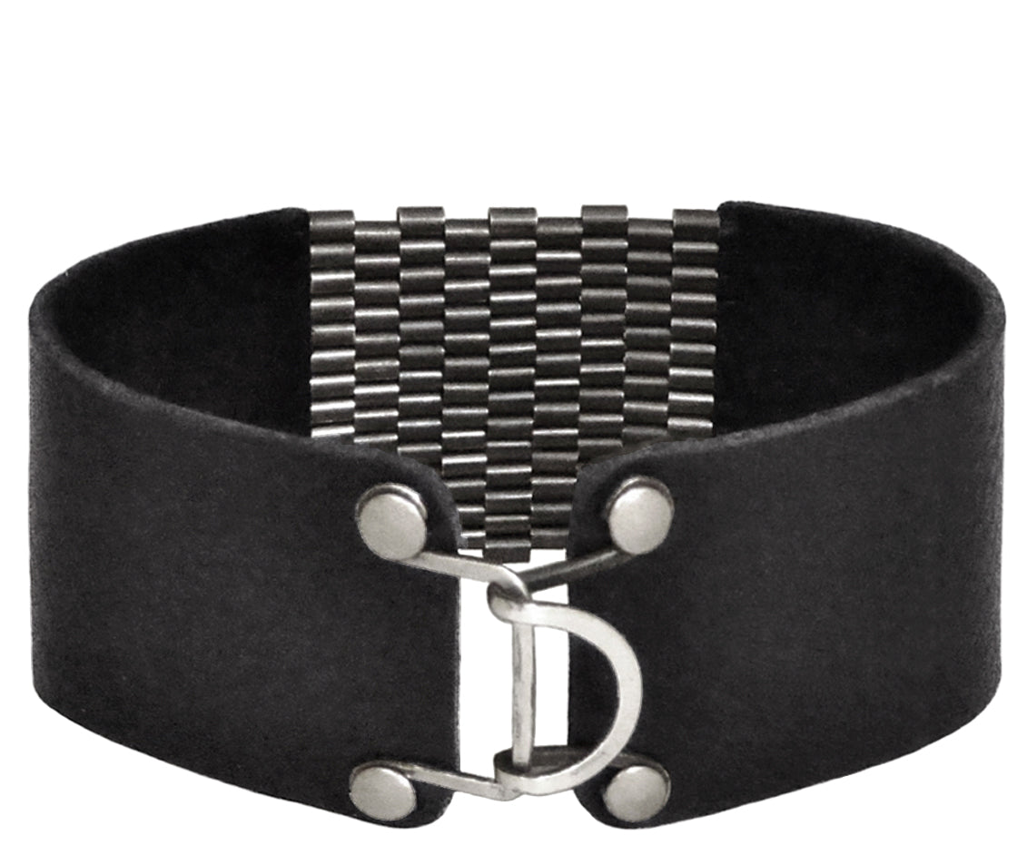 1" Wide Leather Cuffs with Patina Silver Beaded Inlay