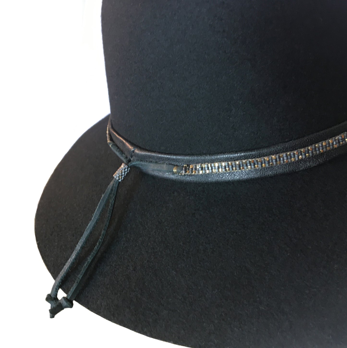 Gold & Gunmetal Skinny Hat Band, Black Wool Fedora