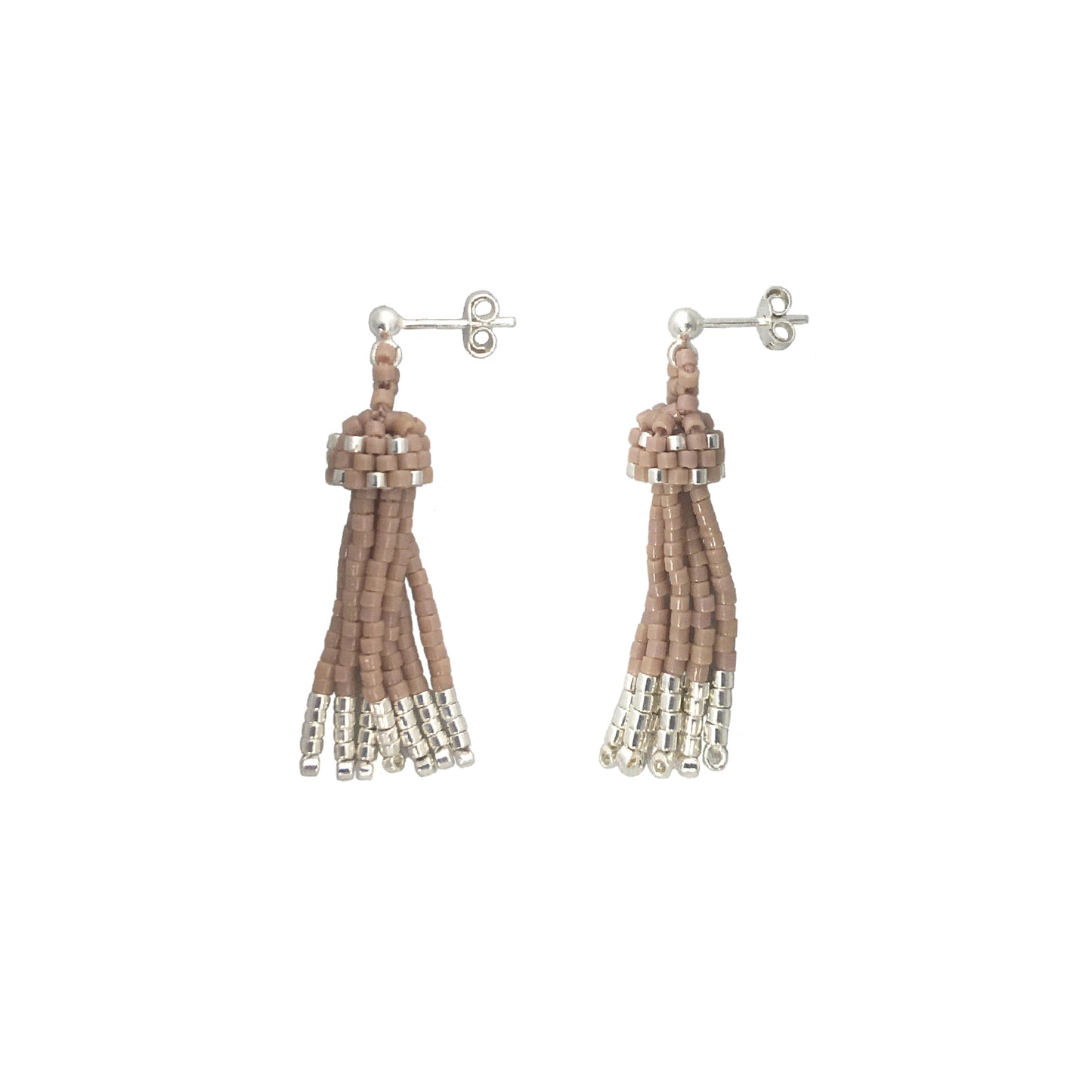 Mini Tassel Earrings in Beige with Sterling Silver