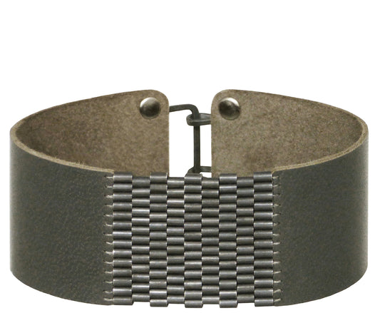 1" Wide Leather Cuffs with Patina Silver Beaded Inlay