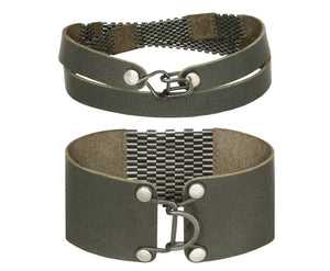 Patina Silver & Leather Striped Wrap & 1" Wide Cuff Sets