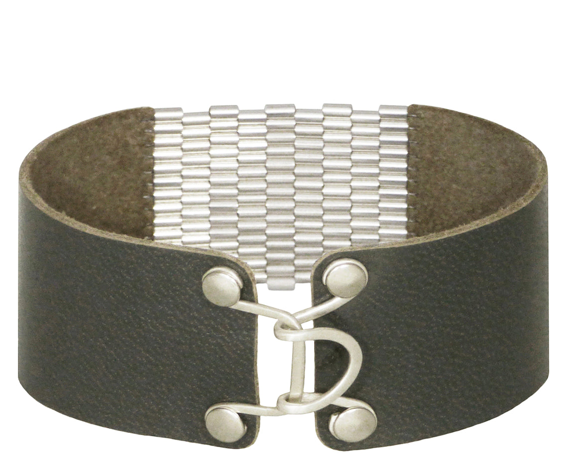 1" Wide Leather Cuffs with Sterling Silver Beaded Inlay