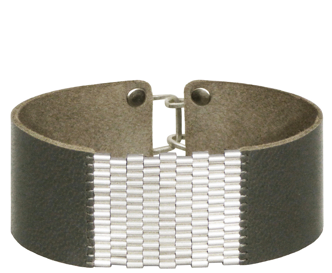 1" Wide Leather Cuffs with Sterling Silver Beaded Inlay