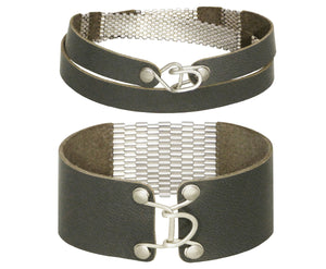 Sterling Silver & Leather Striped Wrap & 1" Wide Cuff Sets