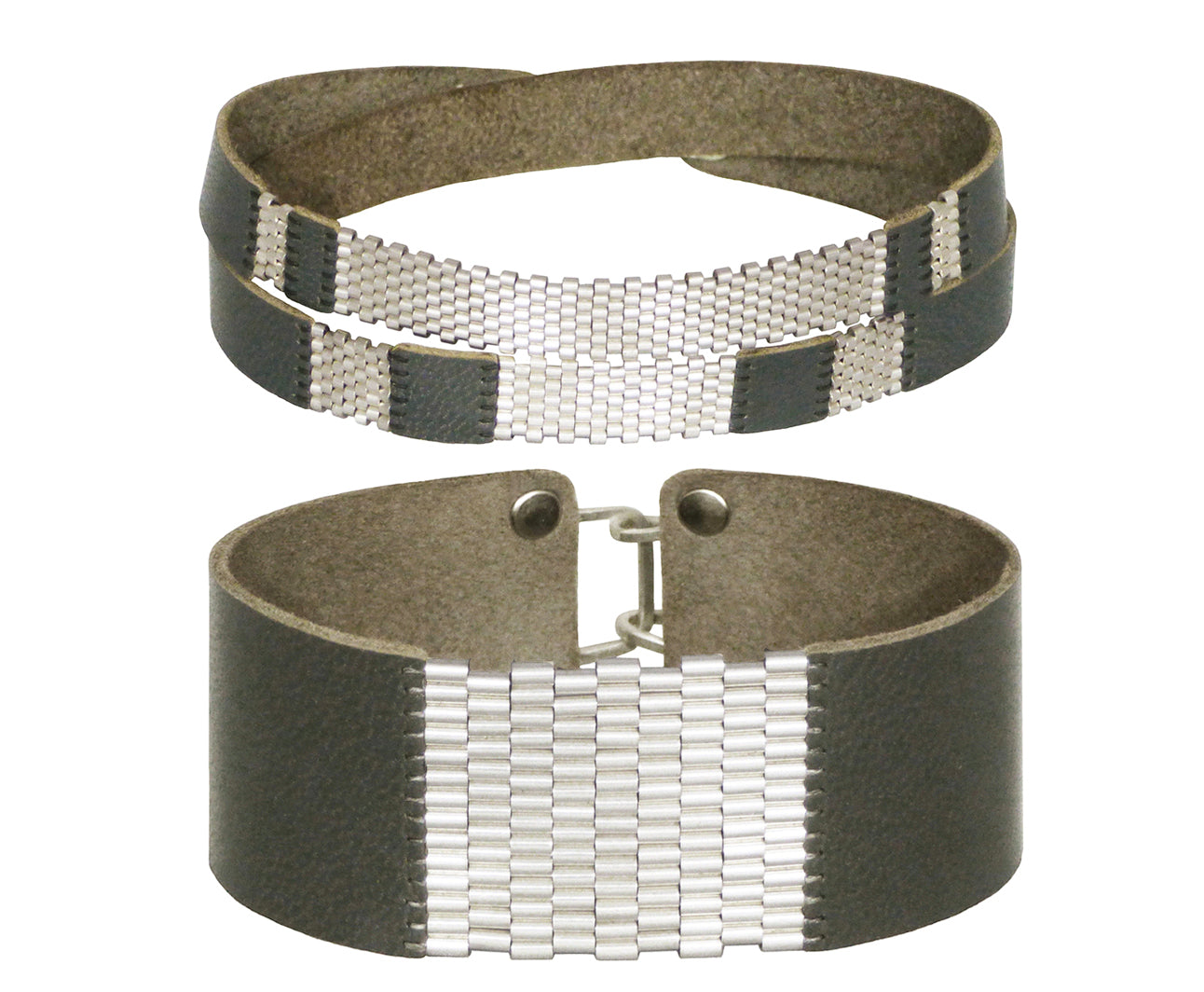 Sterling Silver & Leather Striped Wrap & 1" Wide Cuff Sets