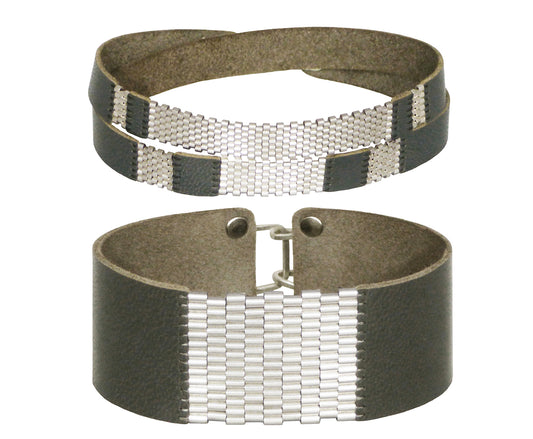 Sterling Silver & Leather Striped Wrap & 1" Wide Cuff Sets