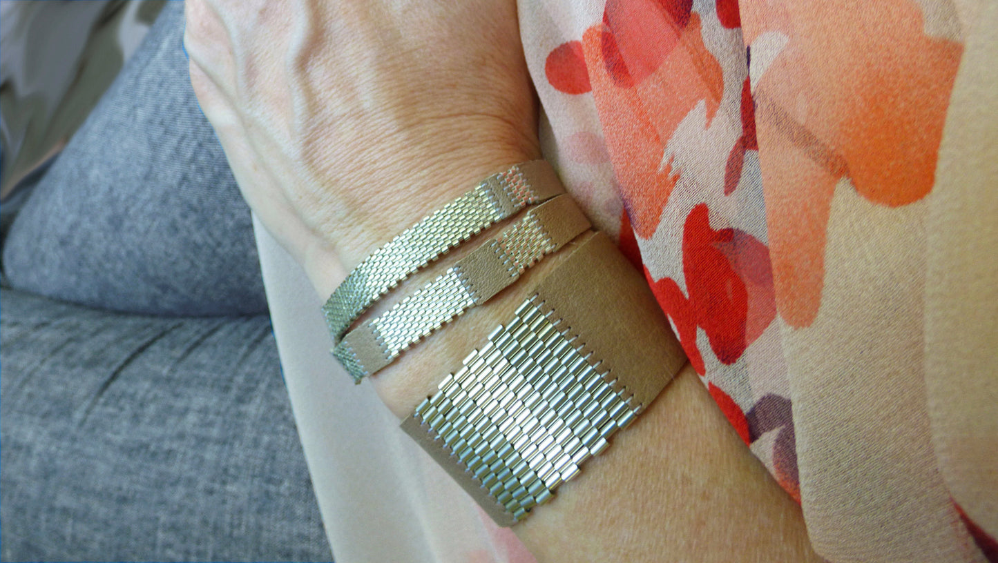 Sterling Silver & Leather Striped Wrap & 1" Wide Cuff Sets