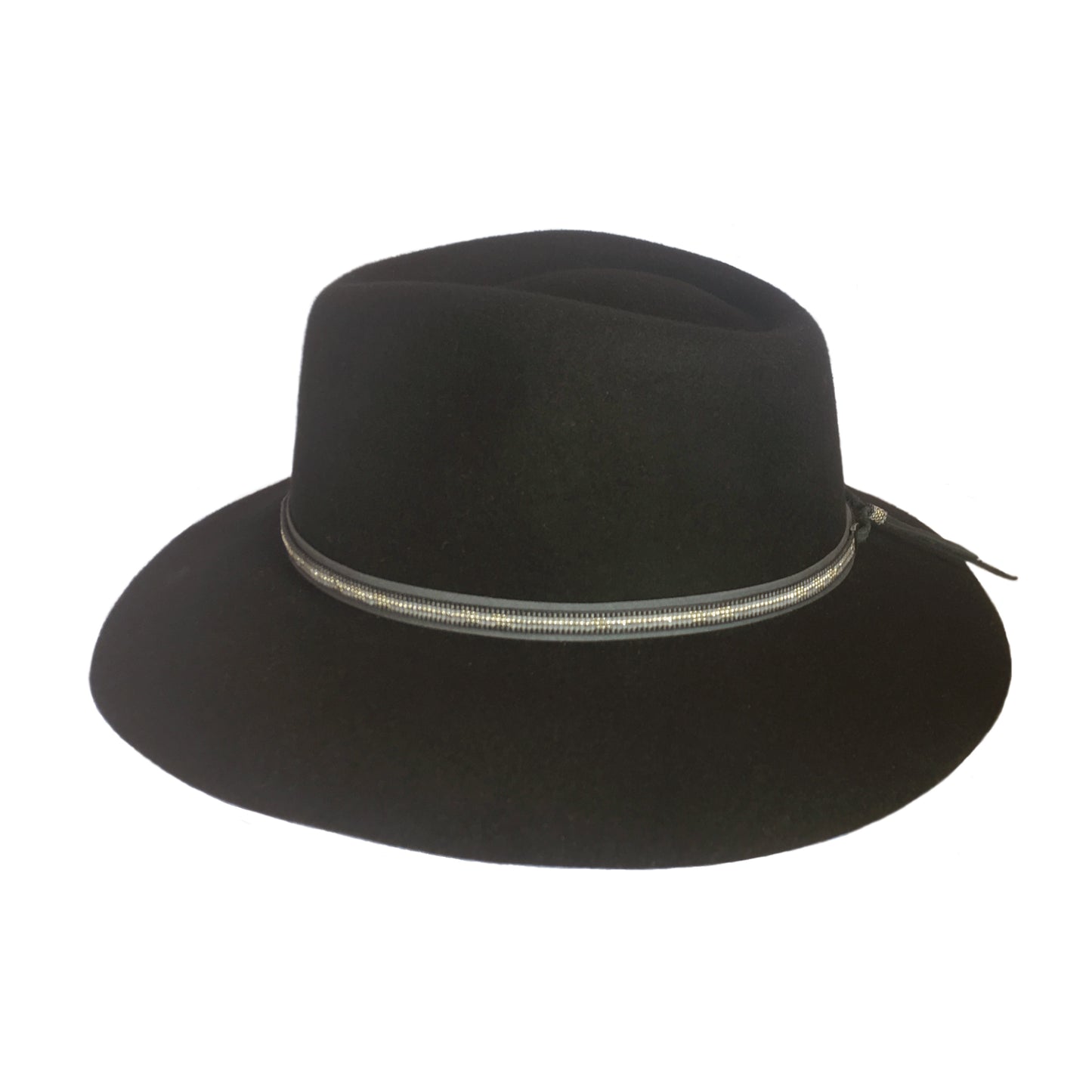 Silver Stripe Skinny Hat Band, Black Wool Fedora